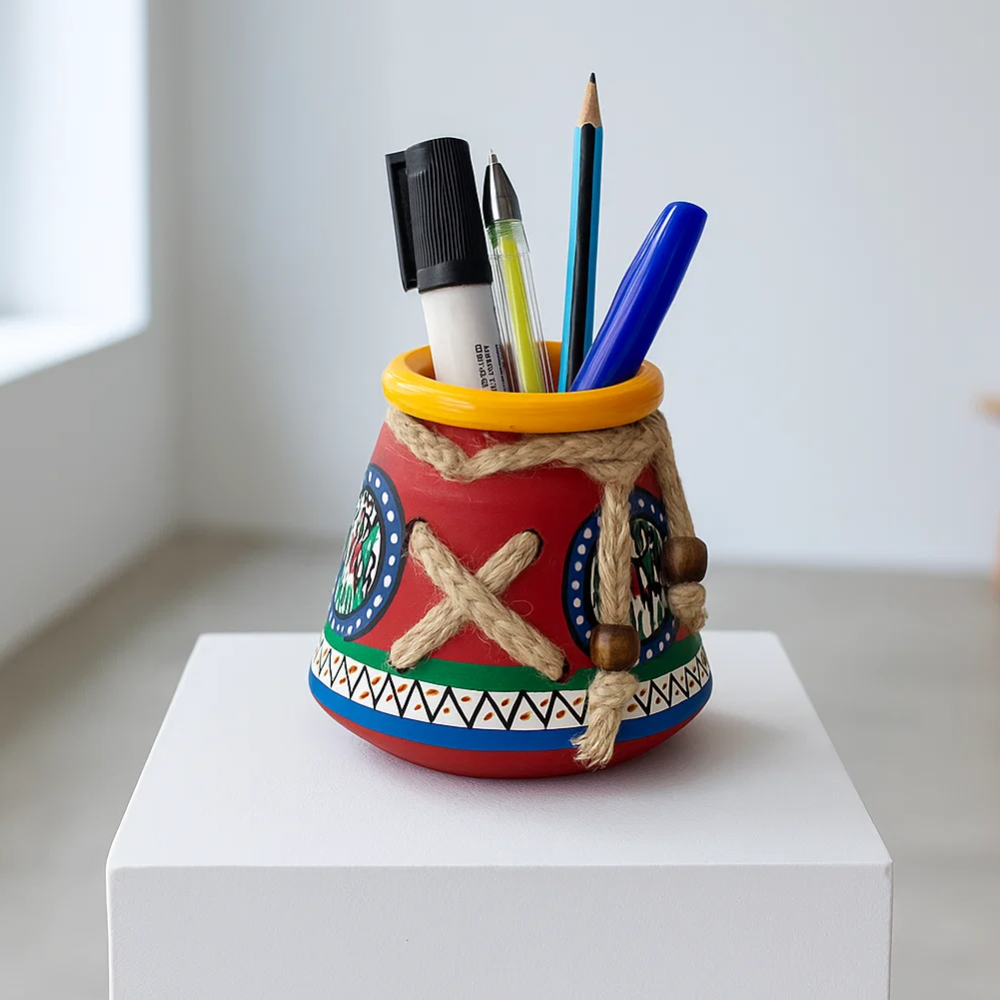 Hand Painted Clay Tribal Pen Stand – Artisan Clay Desk Organizer with Folk Art Motifs & Jute Rope Detailing