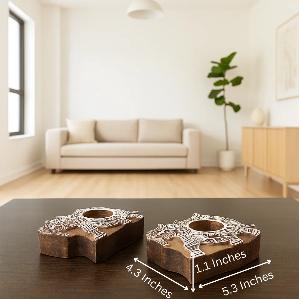 Hand Carved Wooden Elephant Tealight Holders (Set of 2) – Artisan Wooden Candle Holders with Elephant Motif