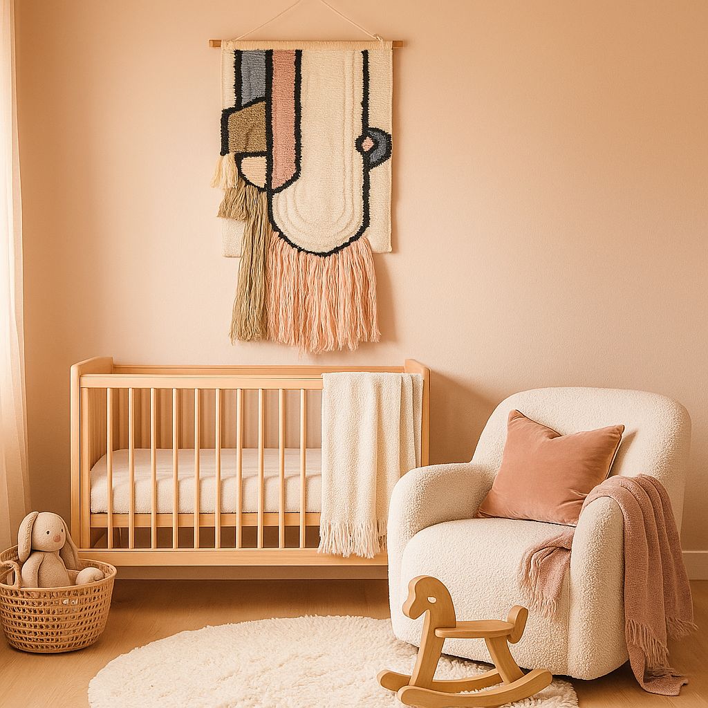 Pastel abstract wall hanging with cotton fringe – geometric boho decor for bedroom, nursery, or living room wall styling

