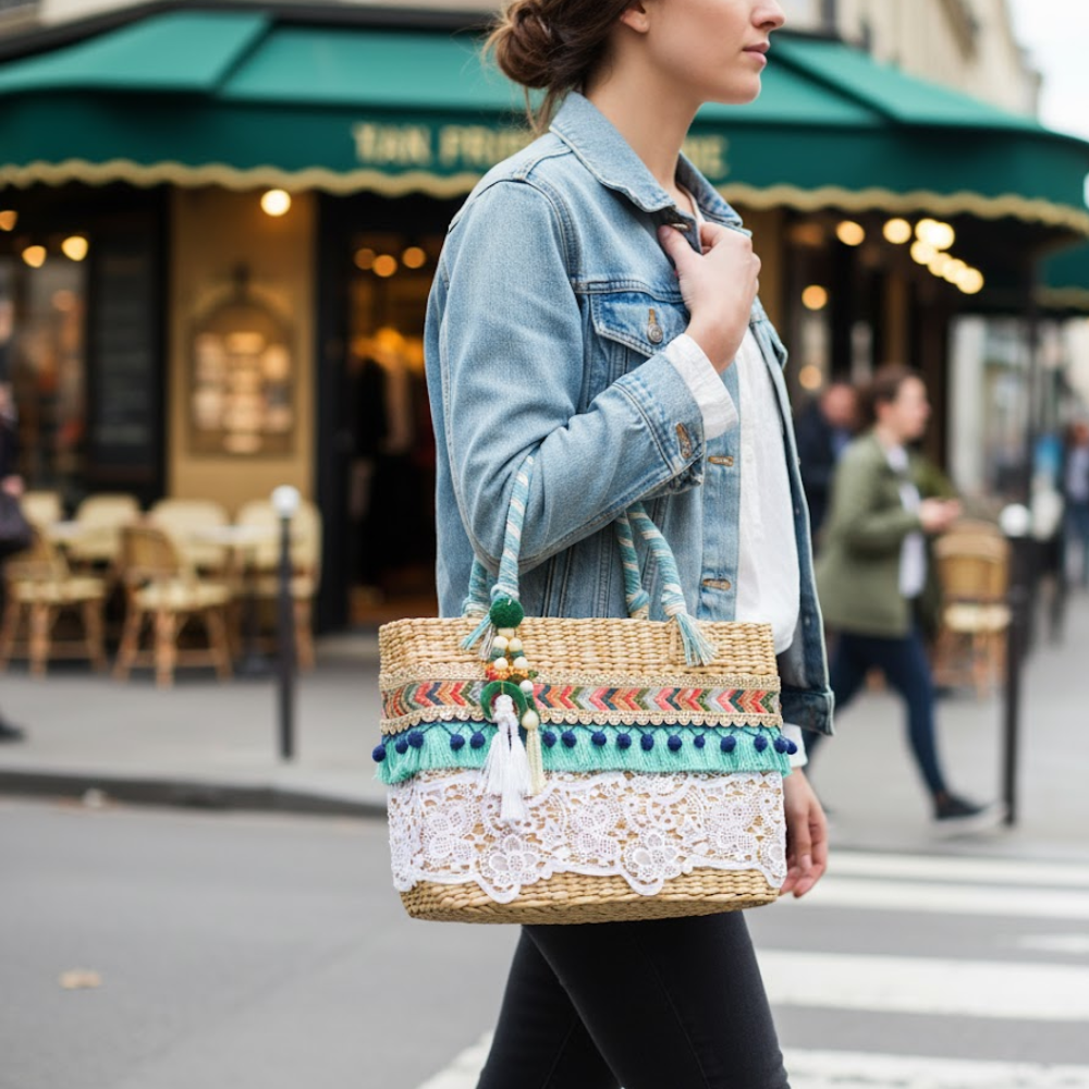 Lace Work Basket Woven Cane Turquoise Handbag – Handcrafted Eco-Friendly Cane Basket Bag