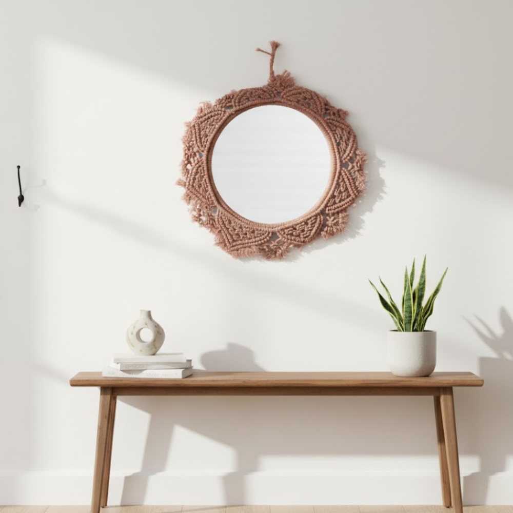 Hand Knotted Terra Brown Macrame Wall Mirror