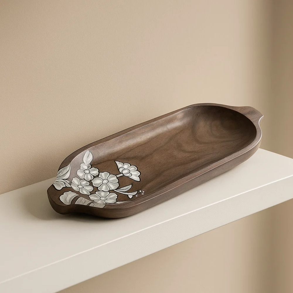 Hand Painted  Floral-Sketch Elongated Mango Wood Platter