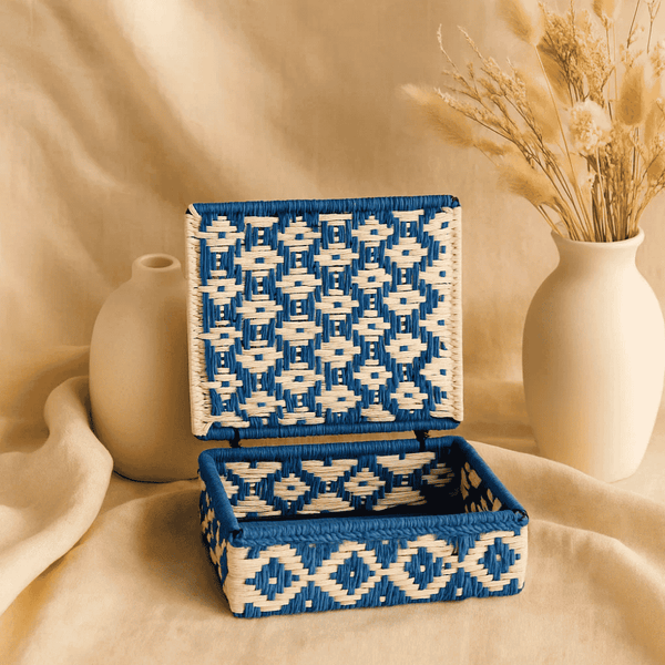 Recycled Cotton Beige & Blue Storage Box – Handwoven Decorative Organizer