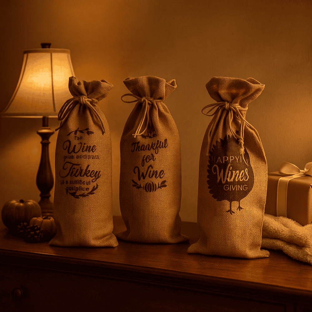 Typographic Drawstring Jute Wine Bags