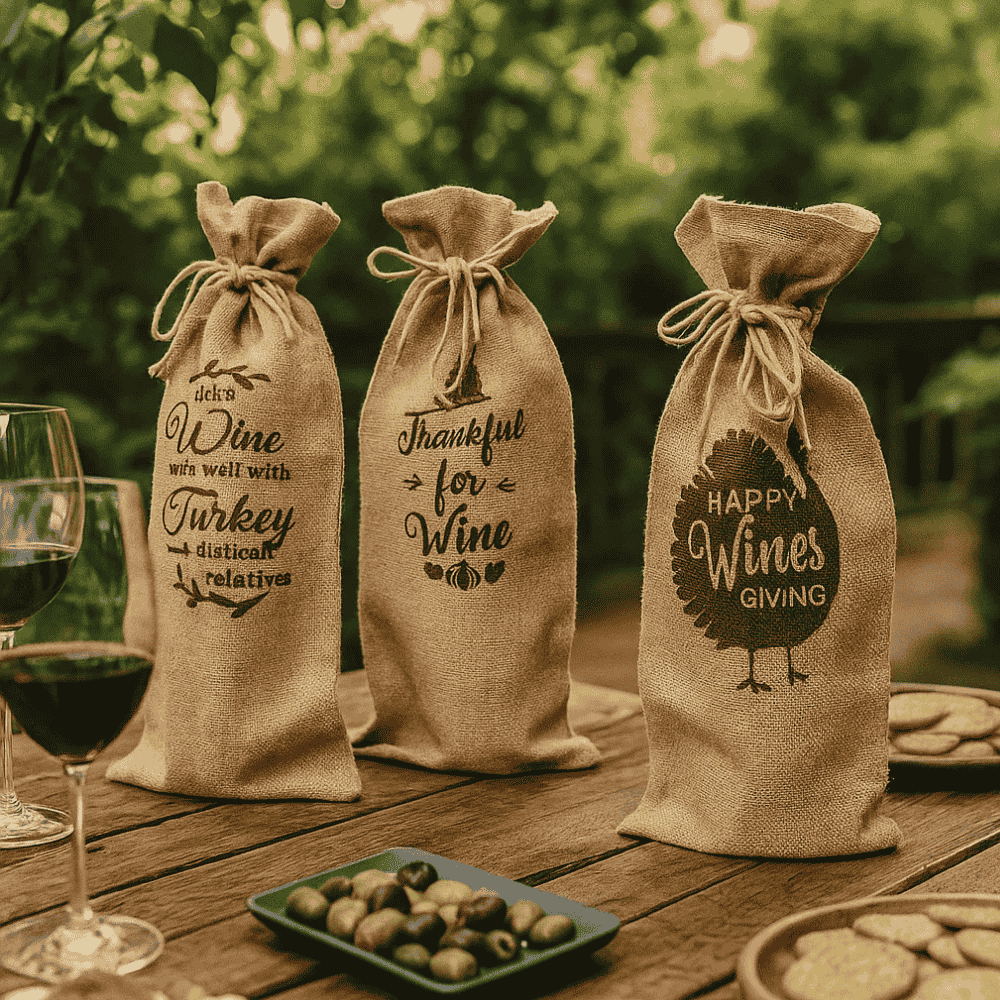 Typographic Drawstring Jute Wine Bags