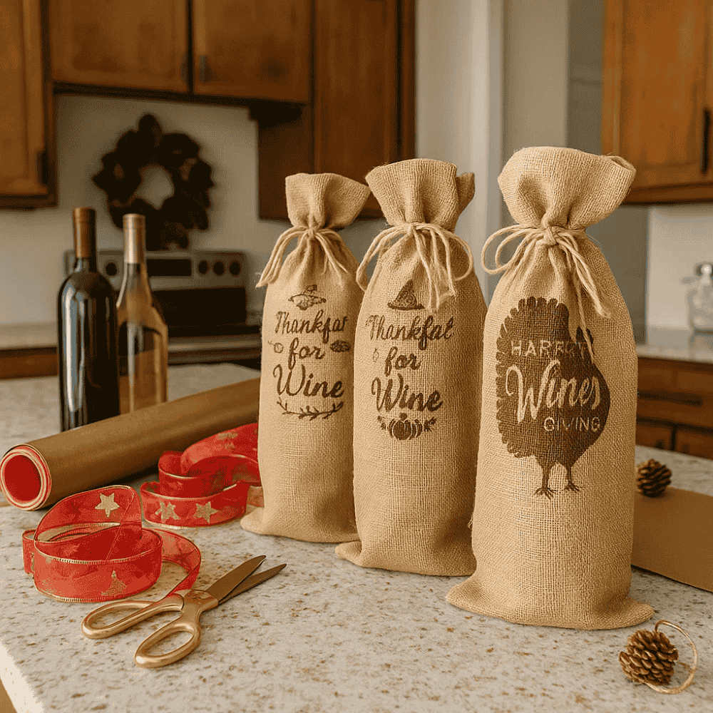 Typographic Drawstring Jute Wine Bags