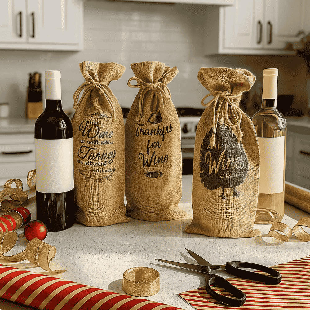 Typographic Drawstring Jute Wine Bags