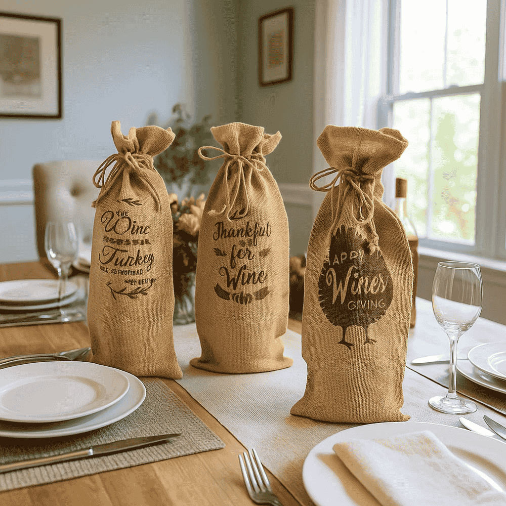 Typographic Drawstring Jute Wine Bags