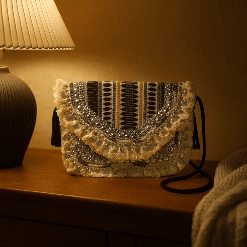 Metallic Sequin Embellished & Fringed Sling Bag