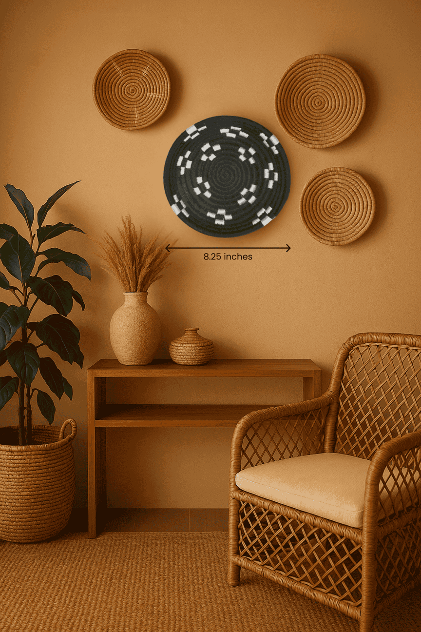 Black handwoven round wall plate with tribal patterns – boho wall decor for hallway, living room, or entryway

