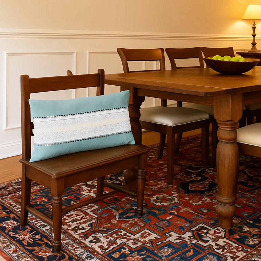 Lace & Sequin Embellished Powder Blue Lumbar Cotton Cushion Cover – Handcrafted Sofa Cushion Cover