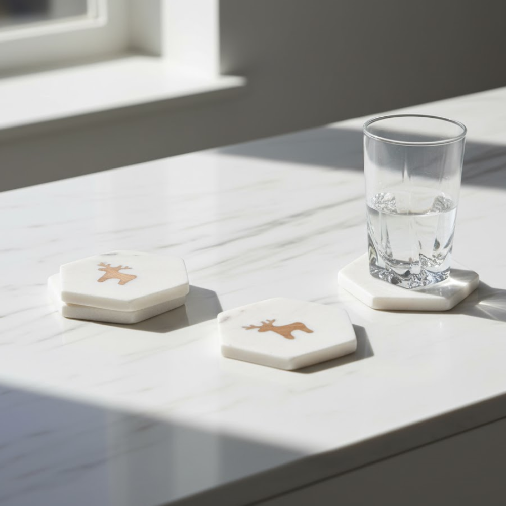 Reindeer Inlaid Marble Coasters (Set of 4) – Handcrafted White Marble Drink Coasters with Wooden Inlay