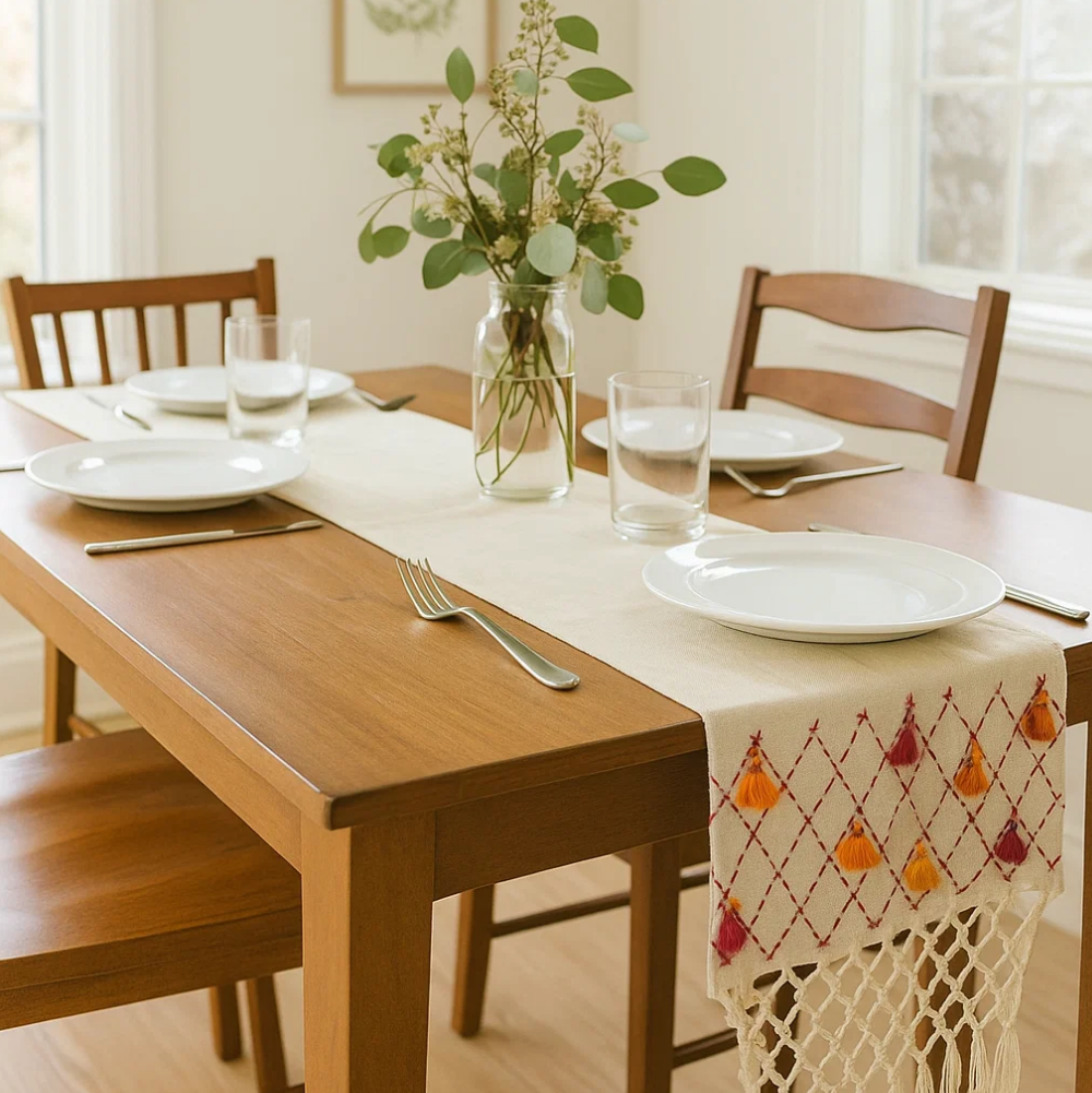 Handwoven Tassels & Net Design Cotton Table Runner