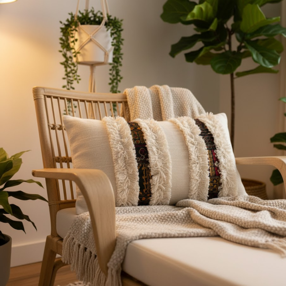 Handmade Shaggy Lace Cotton Cushion Cover – Artisan Cotton Cushion with Boho Lace Detailing