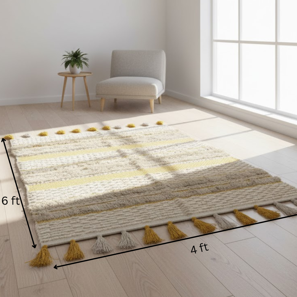 Handwoven & Tufted Tuscan Rug – Artisan Cotton Rug with Jacquard Weave, Tufts & Tassels