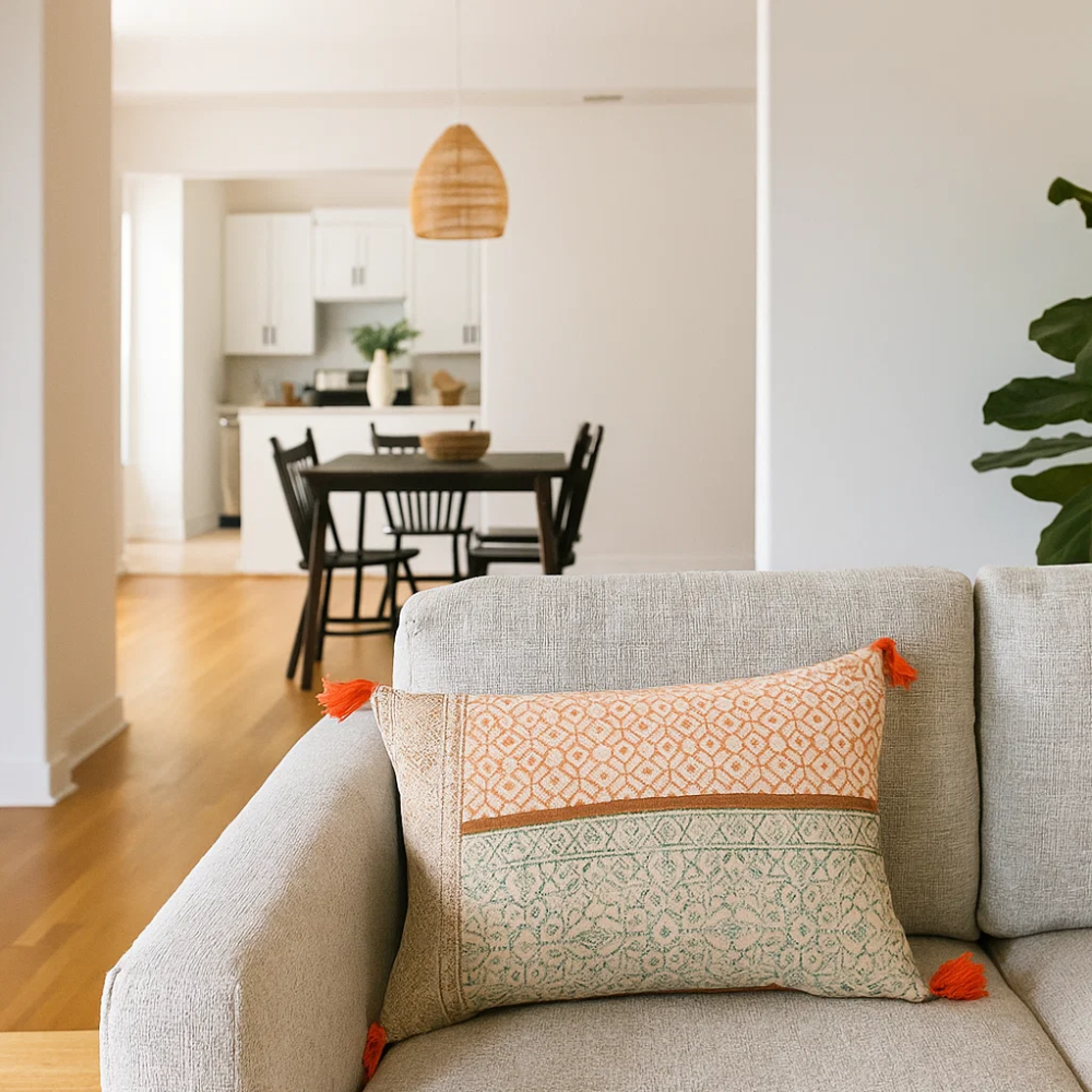 Block Printed Floral Tasseled Lumbar Cotton Cushion Cover