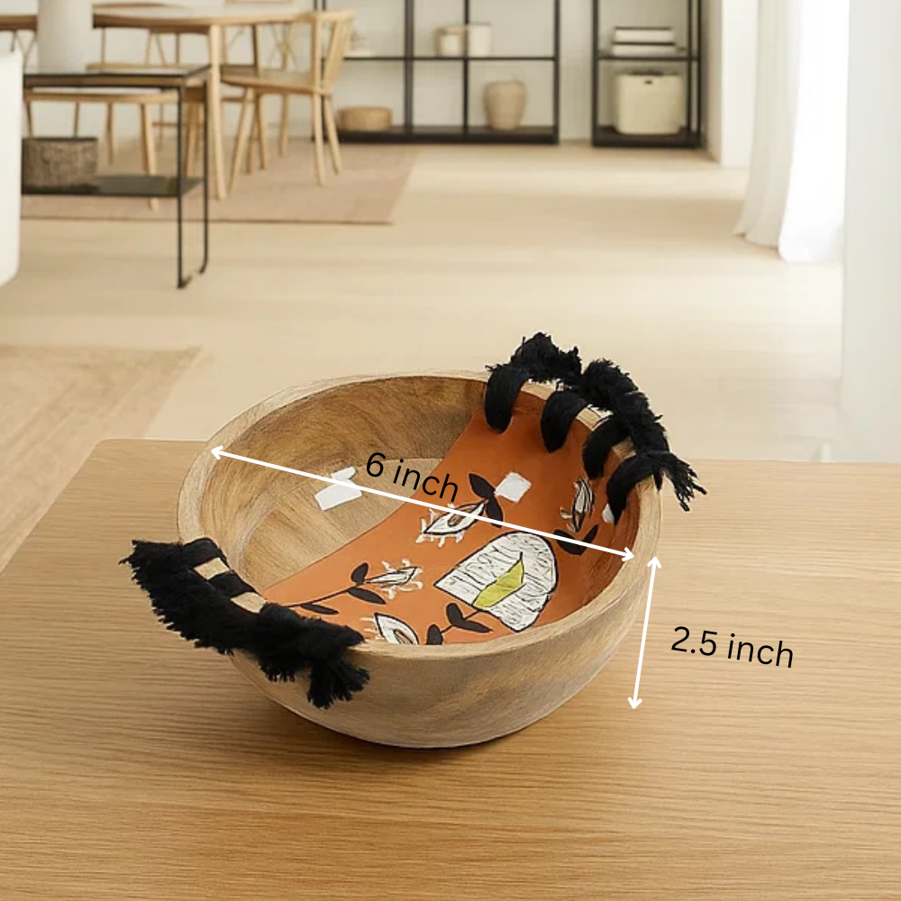 Enamelled Floral Tasseled Wooden Serving Bowl