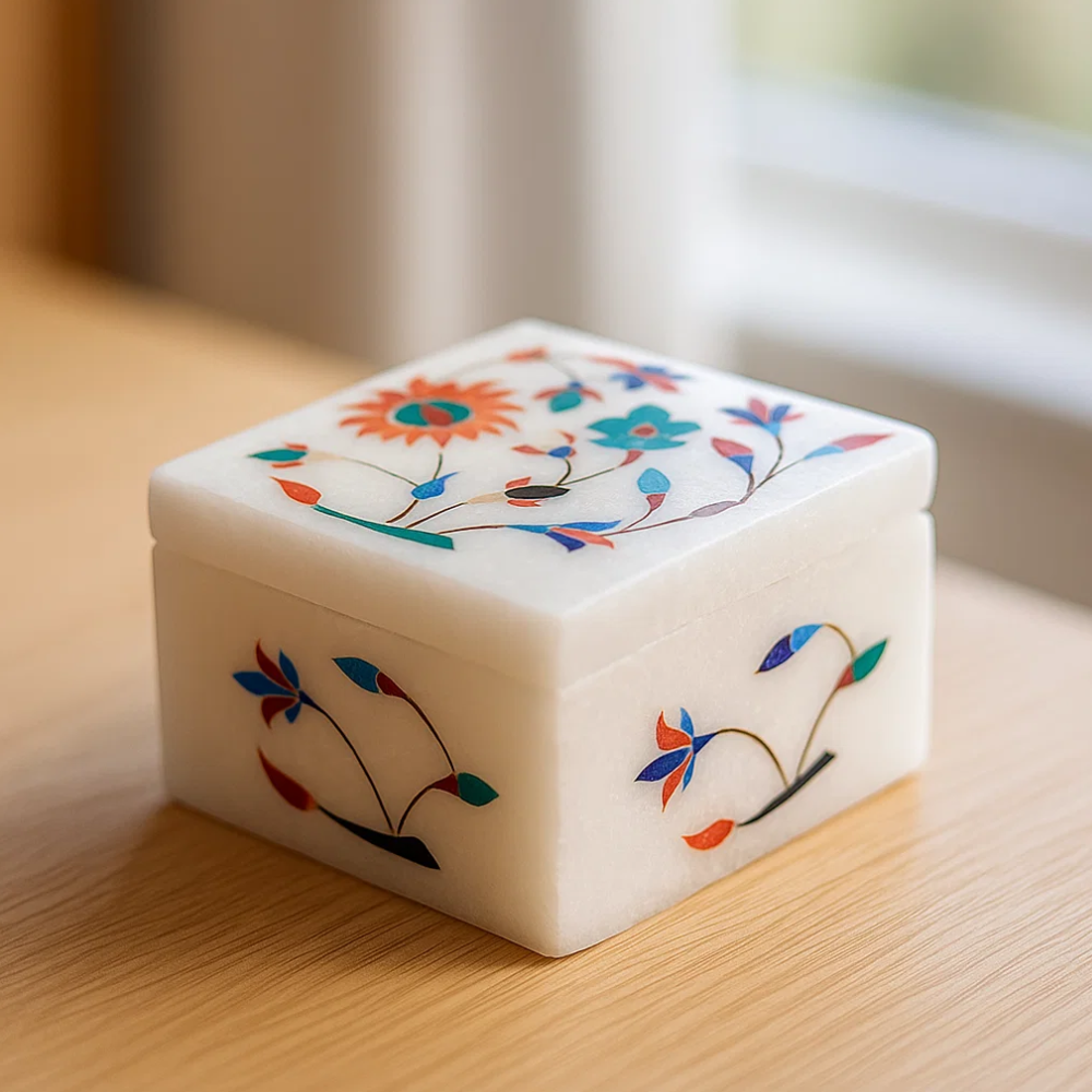 Inlaid Semi-Precious Stone & Marble Square Jewelry Box
