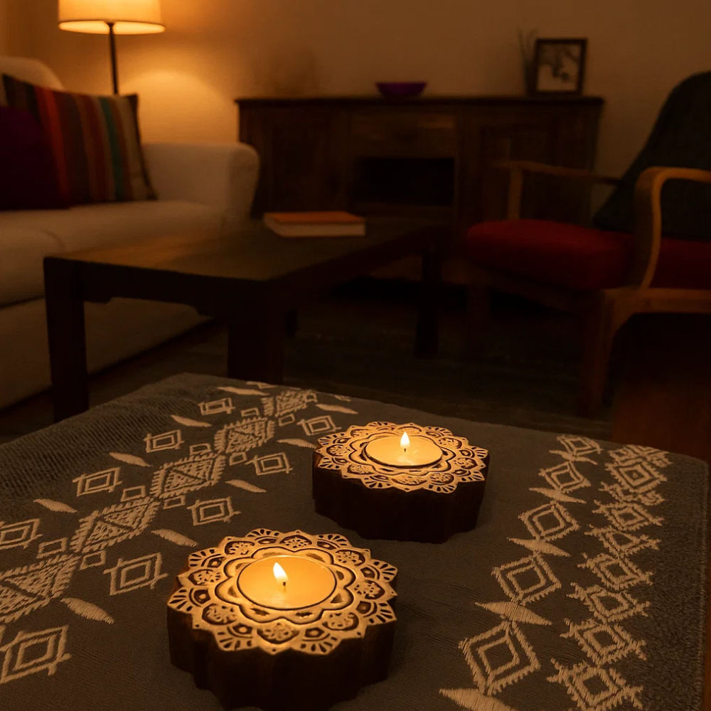 Hand Carved Wooden Mandala Tealight Holders (Set of 2) – Artisan Candle Holders with Intricate Mandala Design