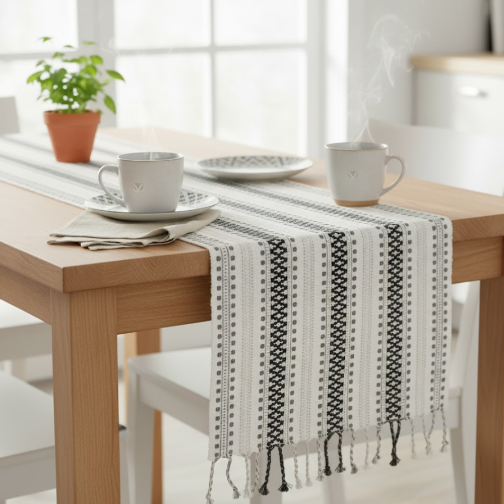 YarDyed Cotton Panelled Table Runner with Braided Tassels – Handwoven 100% Cotton Dining Table Runner