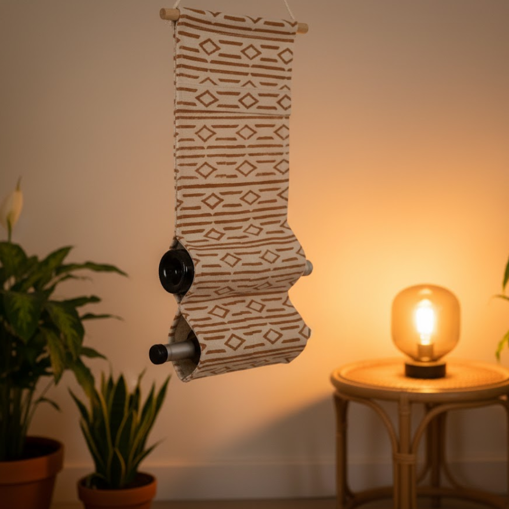 Rusty Orange Printed Wall Mountable Wine Rack – Hand Block Printed Cotton & Wood Wine Holder