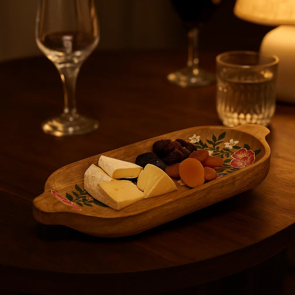 Hand Painted Floral Elongated Mango Wood Platter