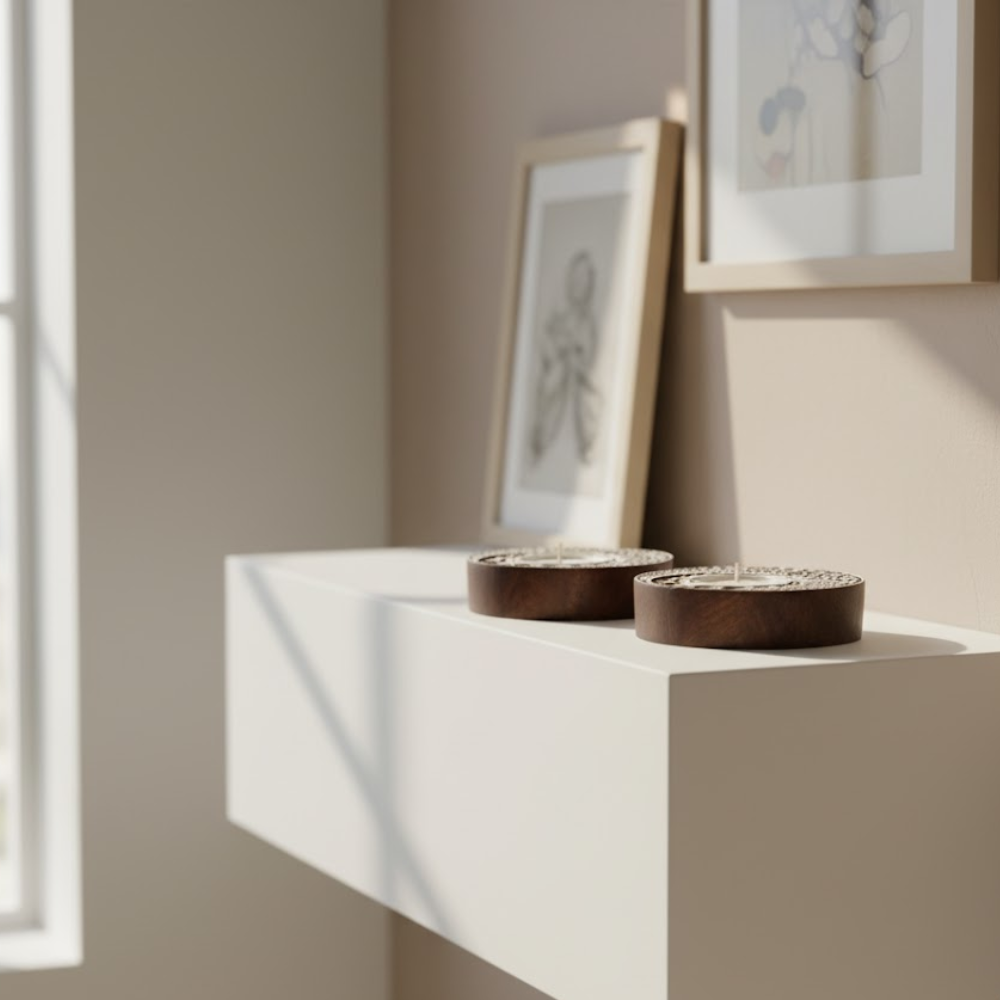 Hand Carved Wooden Moon Tealight Holders (Set of 2) – Artisan Candle Holders with Crescent Moon Design