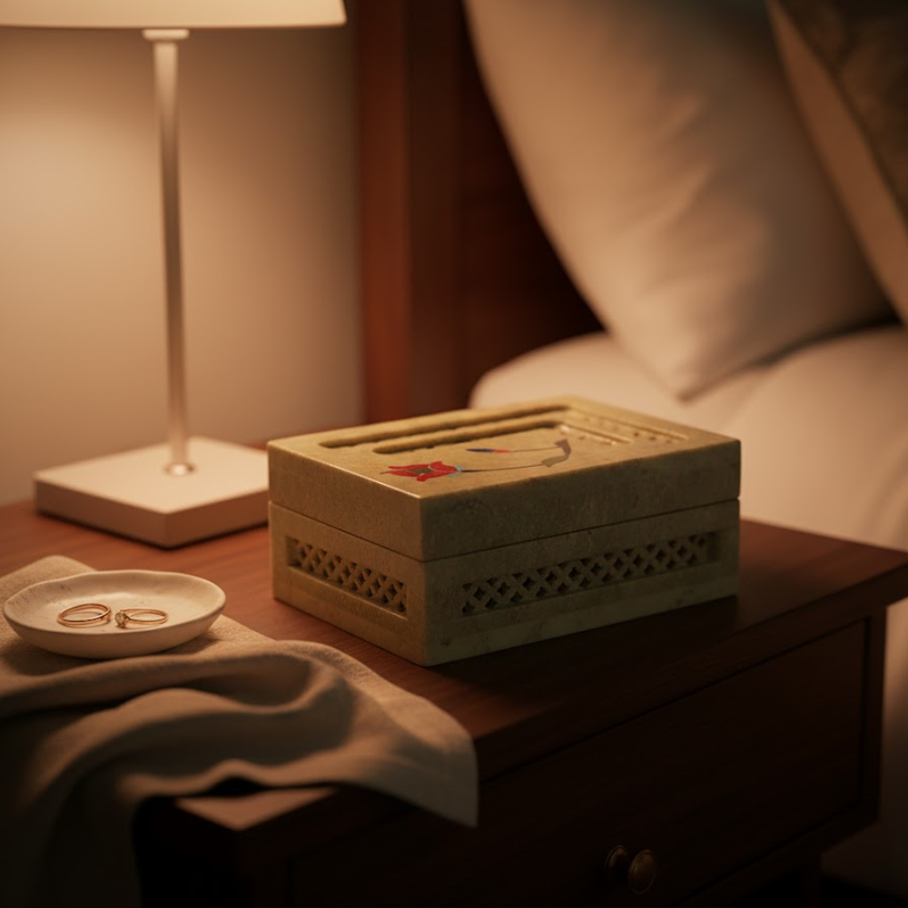 Inlaid Semi-Precious Stone & Lattice Cut Soapstone Jewelry Box