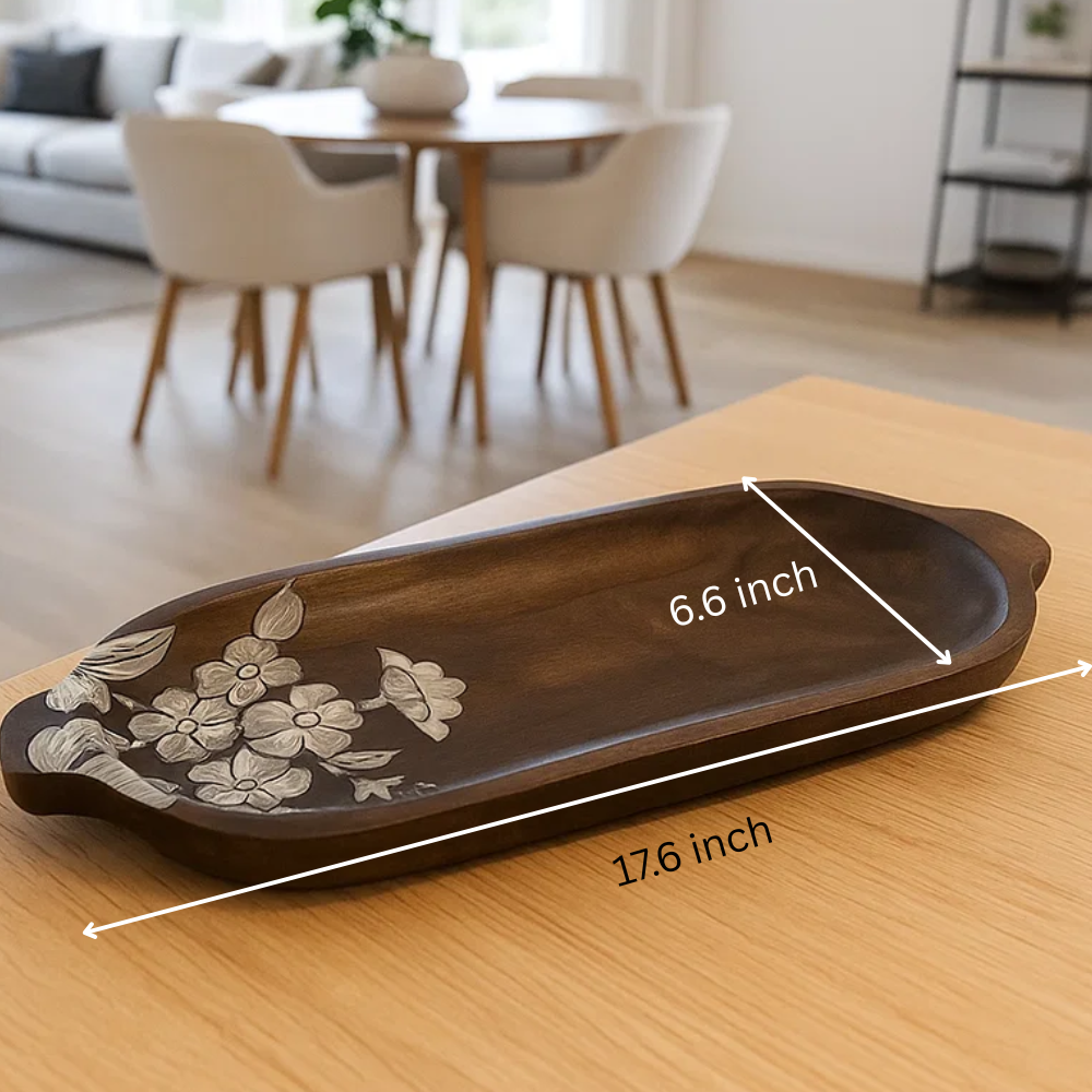 Hand Painted  Floral-Sketch Elongated Mango Wood Platter