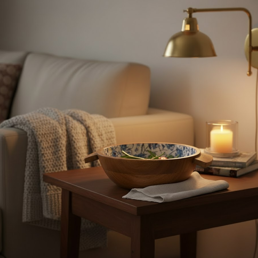 Enamelled Floral Turned Wooden Salad Bowl & Server – Handcrafted Wooden Salad Bowl with Enamel Finish