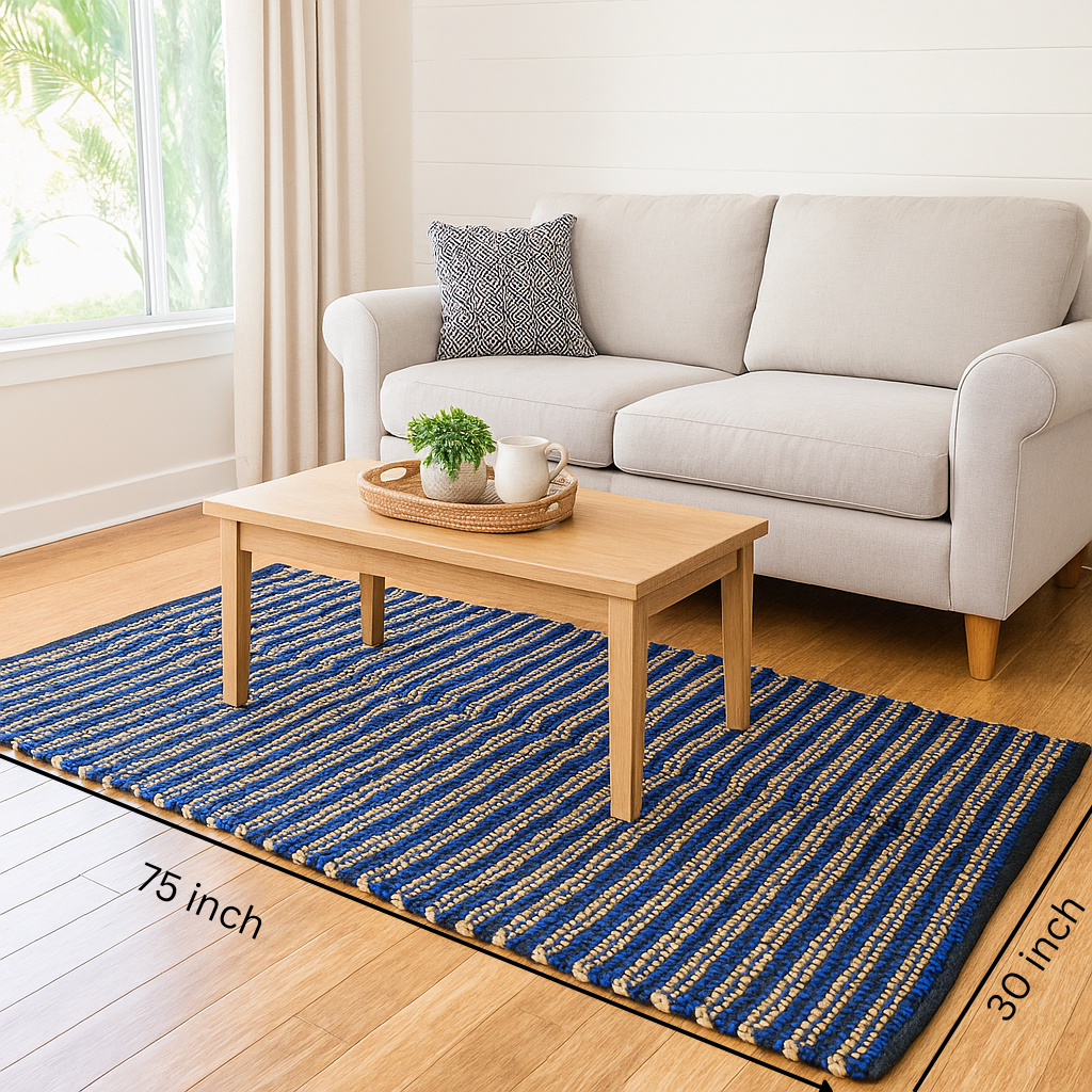 Handwoven Jute Striped Blue Rug – Artisan Floor Decor