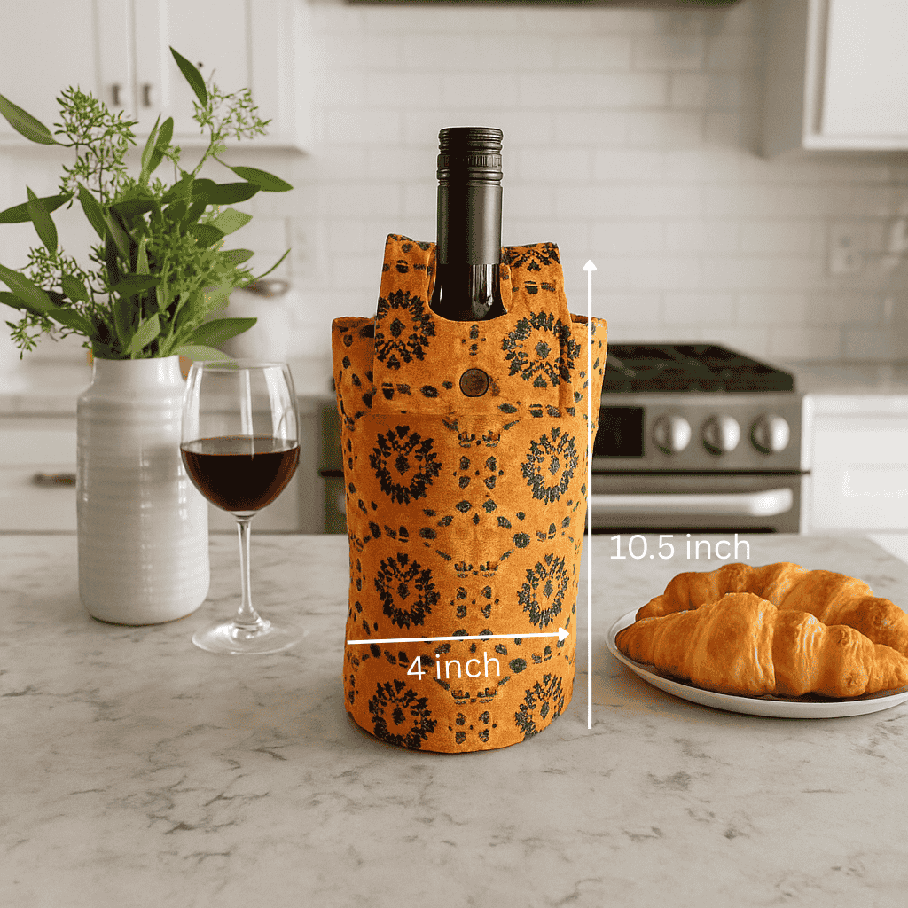 Printed Mustard fabric wine Bottle bag – Handcrafted