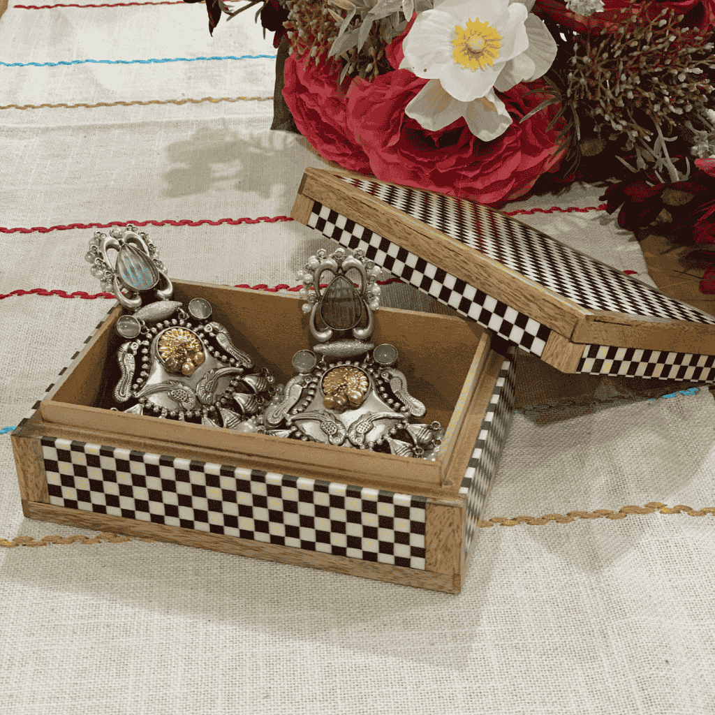 Checkered Monotone Resin & Wood Jewelry Box