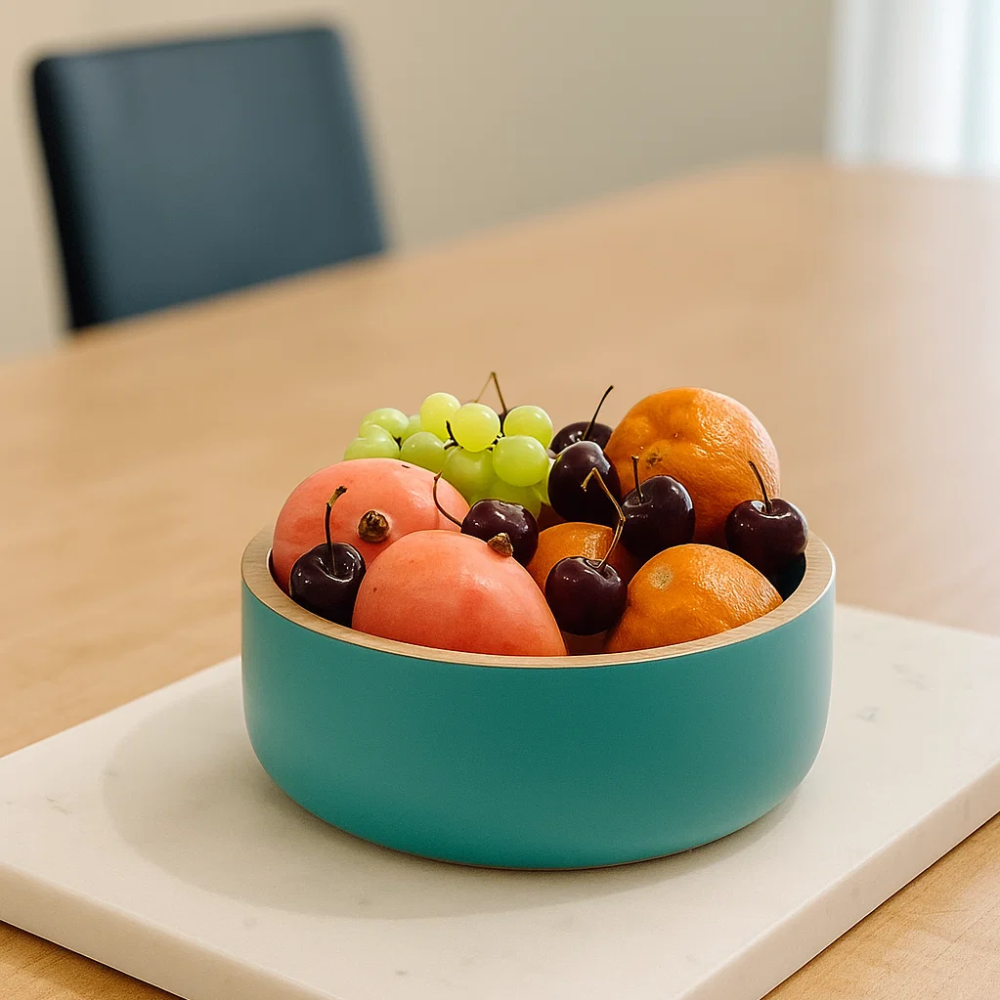 Acacia Wood Matte Aqua Salad Bowl – Handcrafted Wooden Serveware with Aqua Enamel Finish