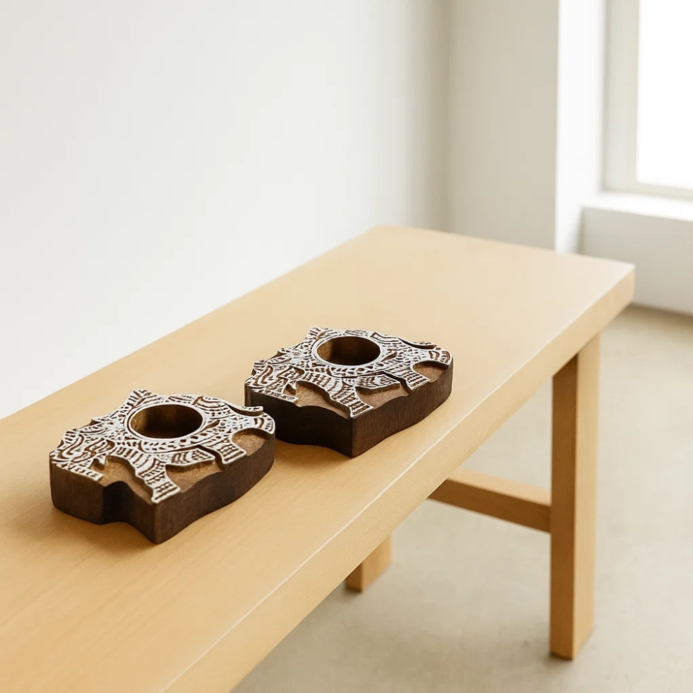 Hand Carved Wooden Elephant Tealight Holders (Set of 2) – Artisan Wooden Candle Holders with Elephant Motif