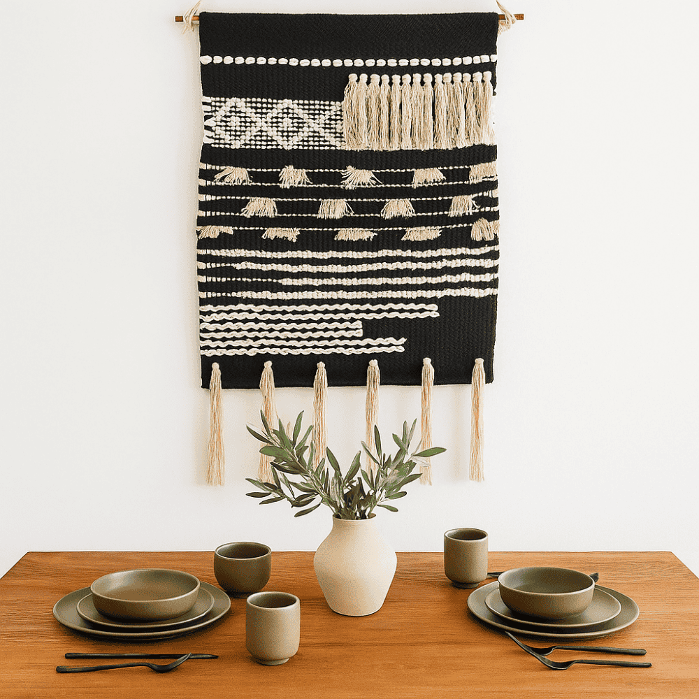 Boho Cotton Wall Hanging with Tassels – Handwoven Textured Decor