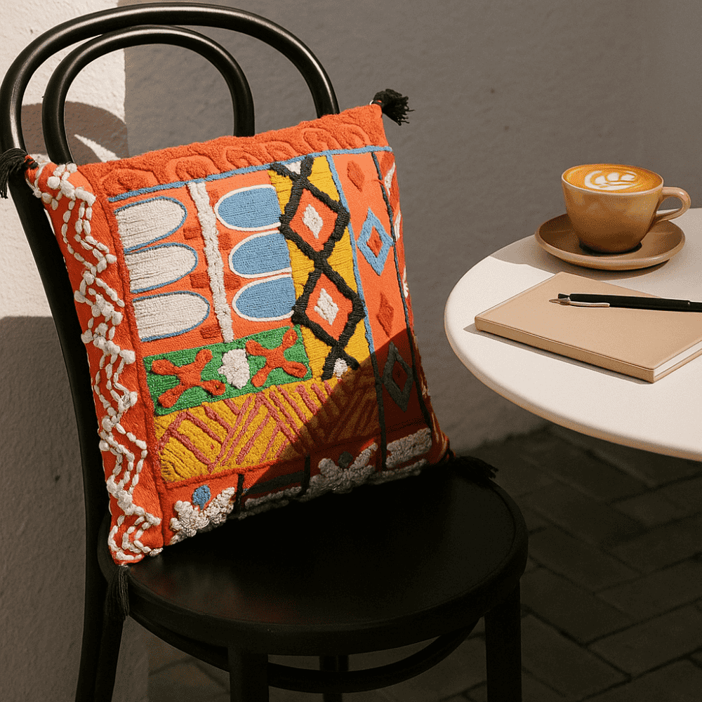 Abstract Embroidered &amp; Tasseled Tangerine Cushion Cover