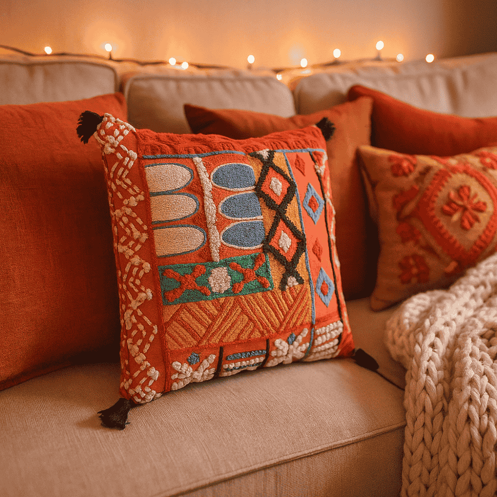 Abstract Embroidered & Tasseled Tangerine Cushion Cover