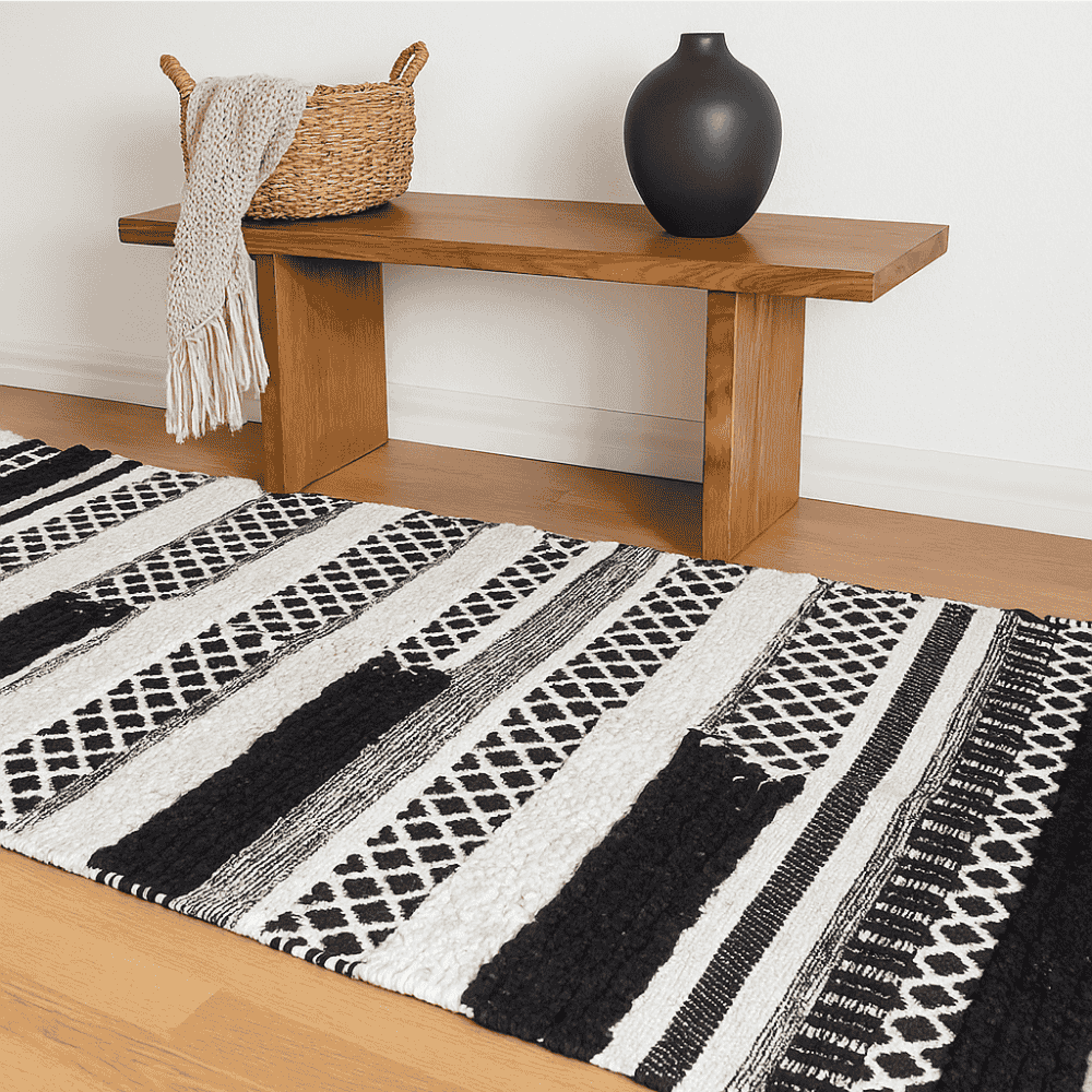 Handwoven Monochrome Panelled Cotton Rug