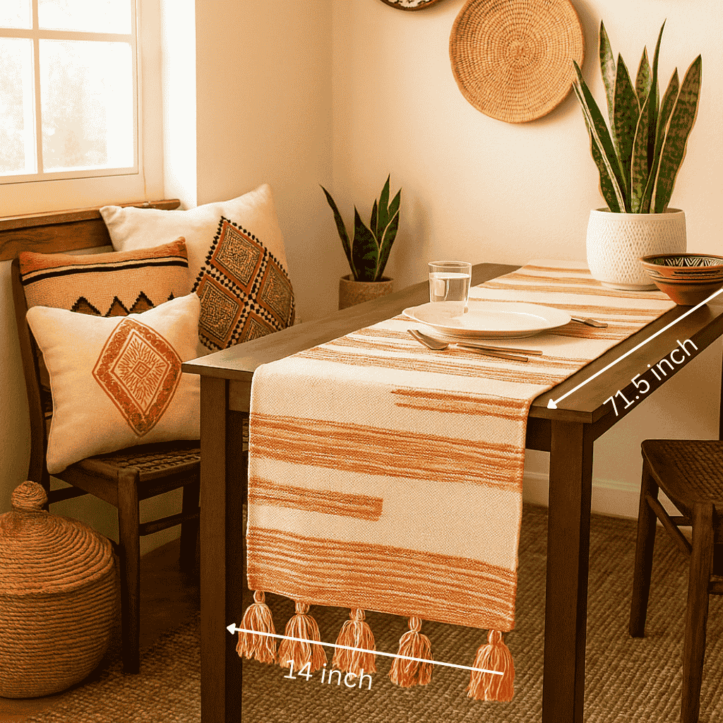 Warm Bohemian Cotton Table Runner with Tassels
