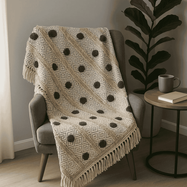 Pom Pom Throw Blanket | Soft Artisan Cotton Boho Decor