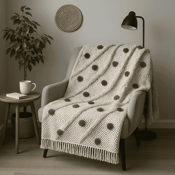 Pom Pom Throw Blanket | Soft Artisan Cotton Boho Decor