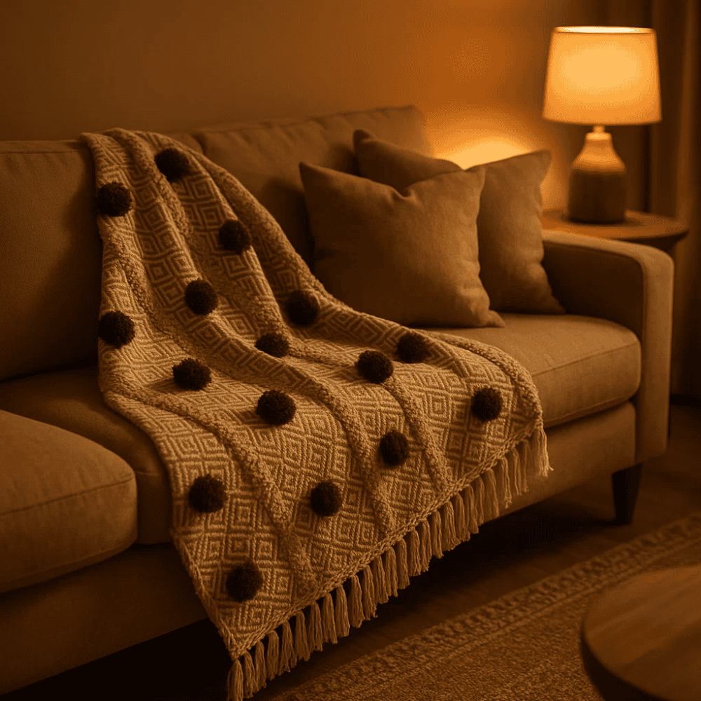 Pom Pom Cotton Throw Blanket