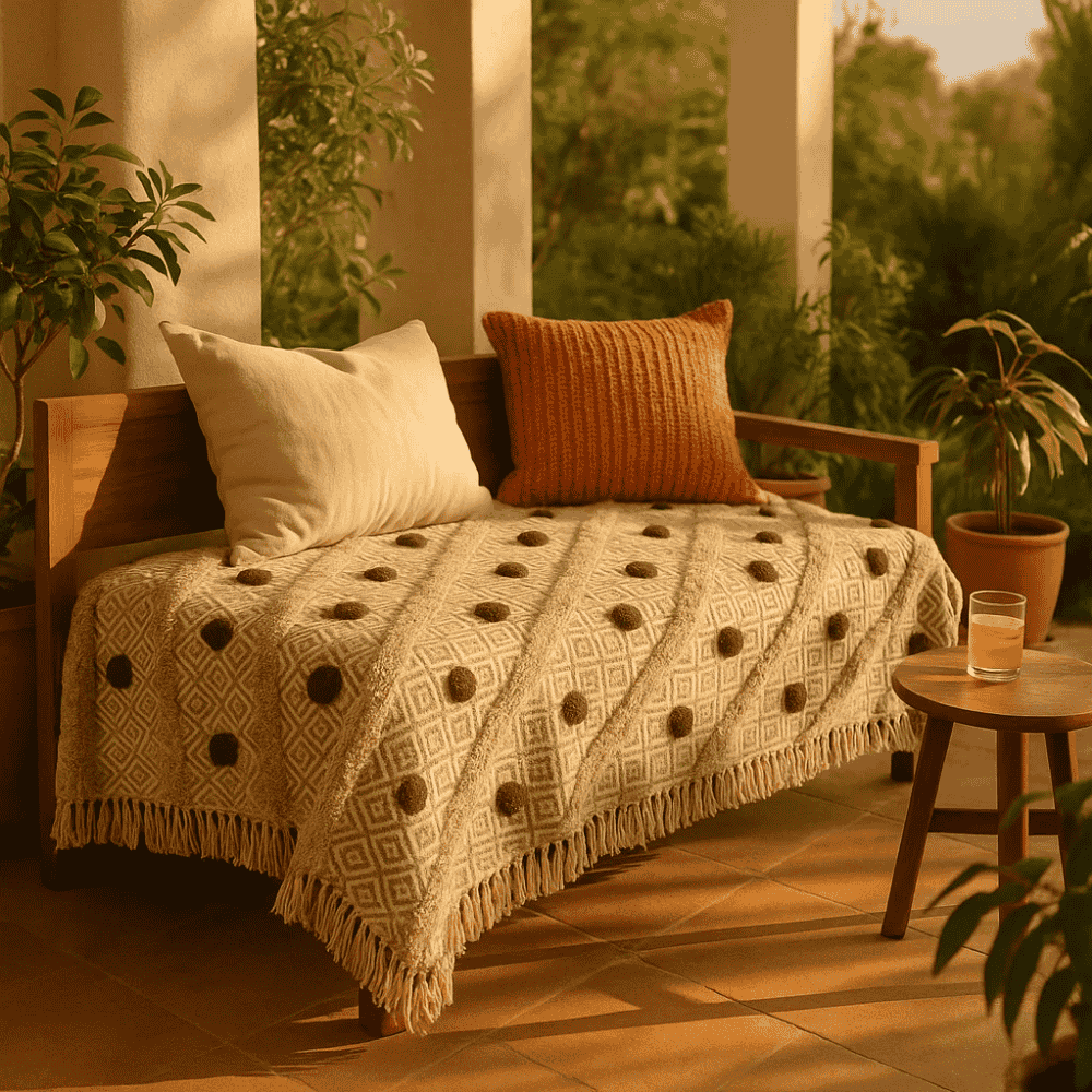 Pom Pom Cotton Throw Blanket
