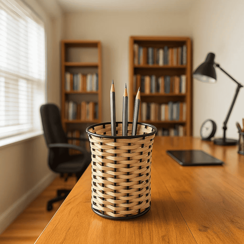 Handcrafted Cane & Iron Pen Stand