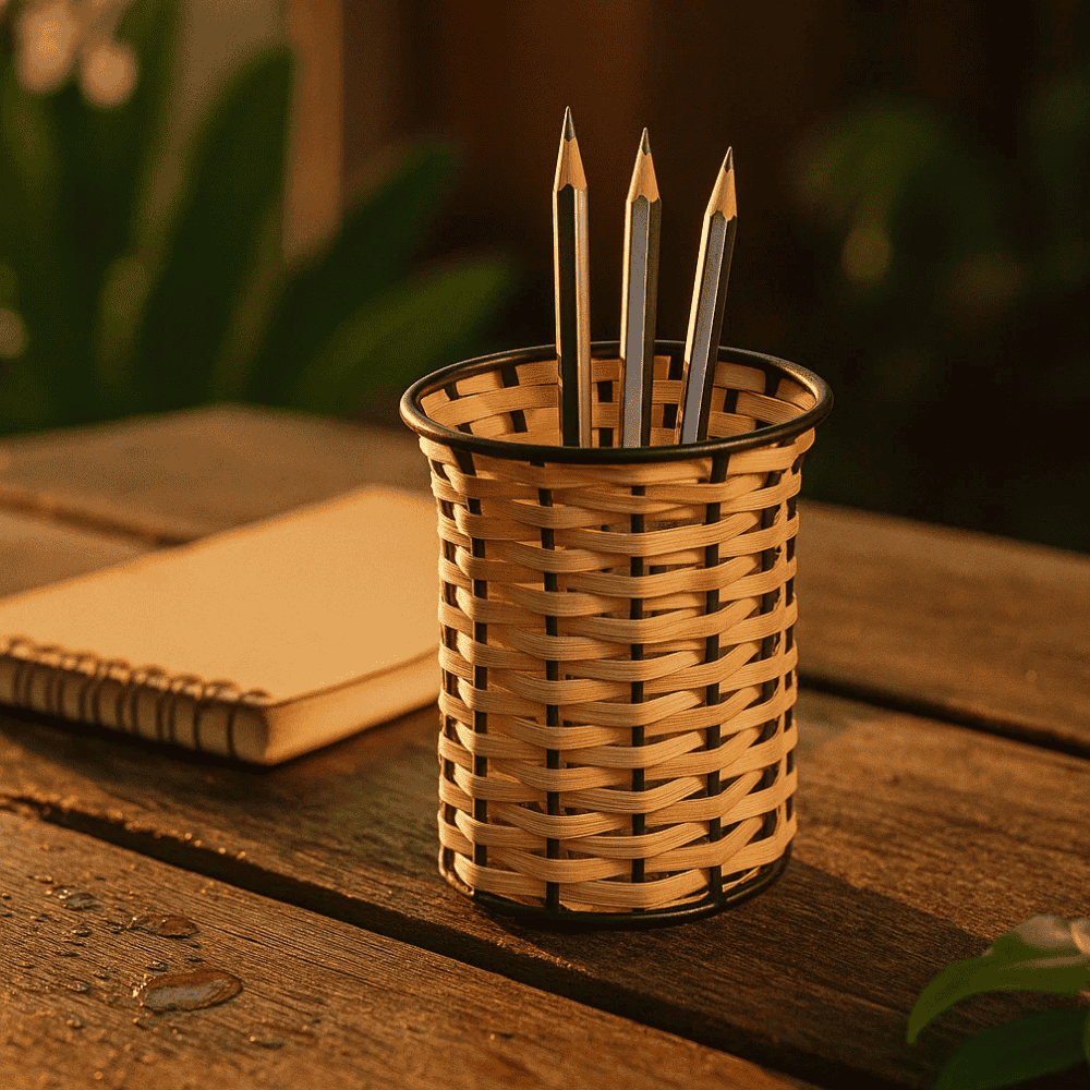 Handcrafted Cane &amp; Iron Pen Stand