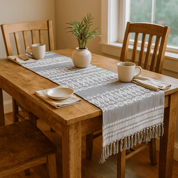Embroidered Cotton Table Runner | Tasseled Artisan Dining Decor