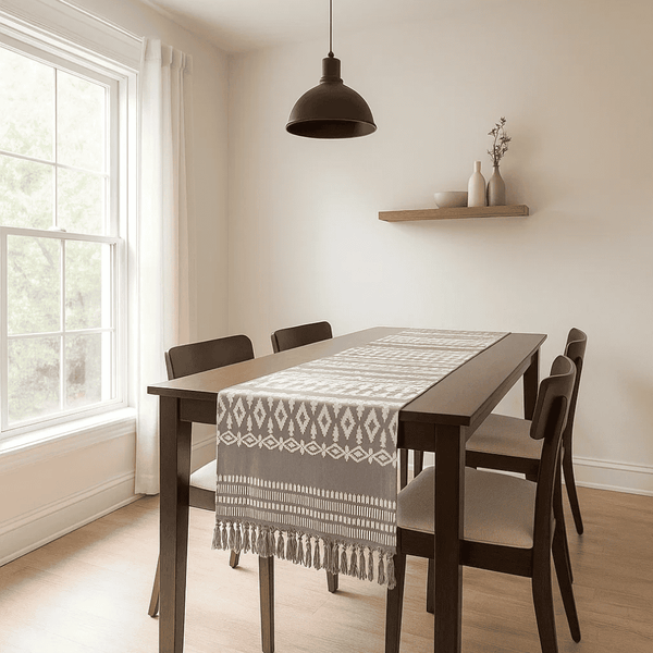 Embroidered Cotton Table Runner | Tasseled Artisan Dining Decor
