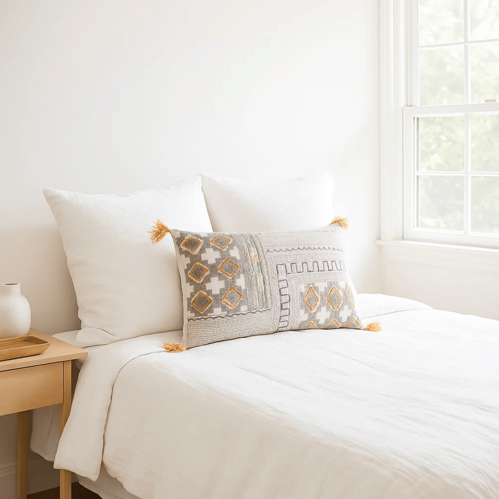 Printed &amp; Embroidered Lumbar Cotton Cushion Cover