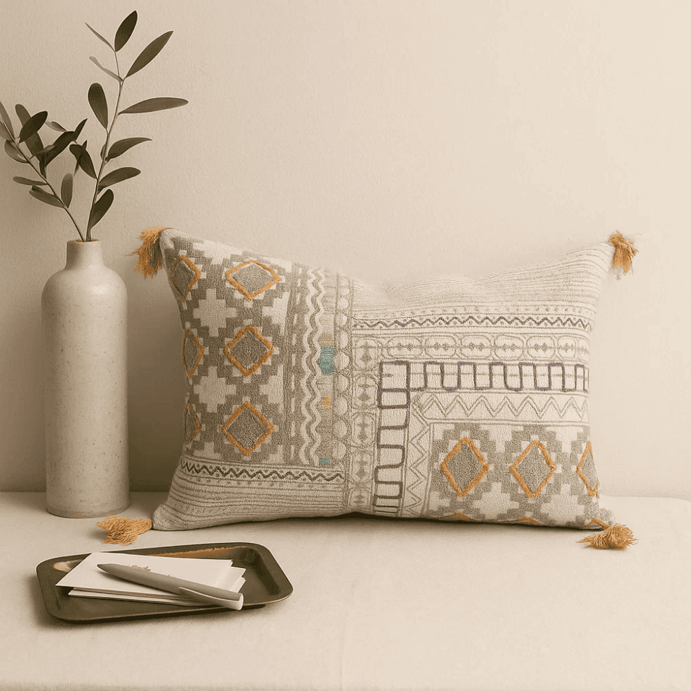 Printed & Embroidered Lumbar Cotton Cushion Cover